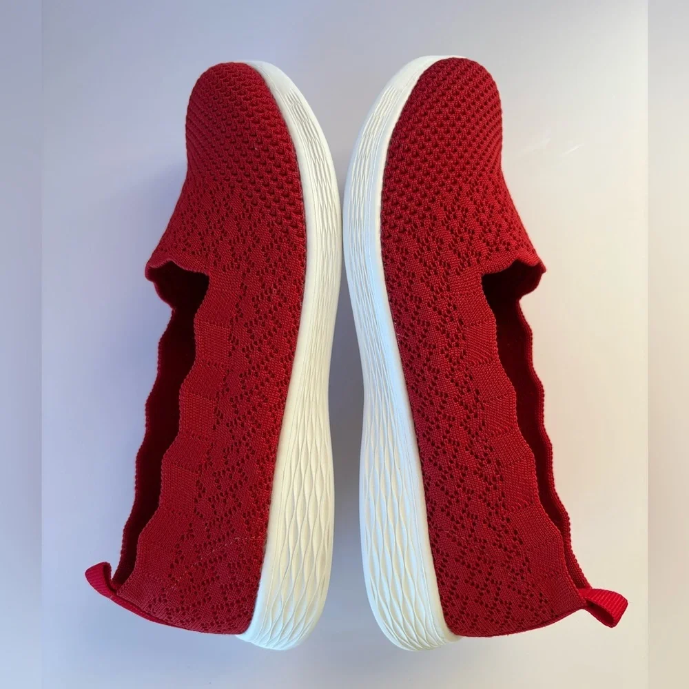Puxowe Red Women’s Casual Knit Slip-On Walking Loafer with White Soles-Size 8.5